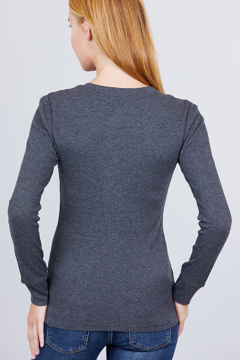 Women's Round Neck Long Sleeves Henley Thermal Knit Top
