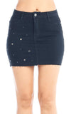 Women's Casual High-Rise Denim Jean Stretch Raw Cut Frayed Hem Studded Front Body Con Mini Skirt