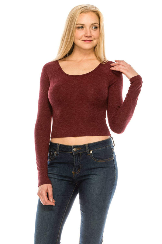 Women's Brushed  Knit Long Sleeve Scoop Neck Crop Top Sweater