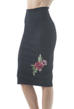 High Waisted Long Pencil Rose Embroidered Skirt