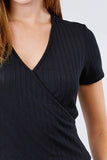 Women's Black Short Sleeve V-Neck Surplice Rib Knit Loose Casual Top - Small