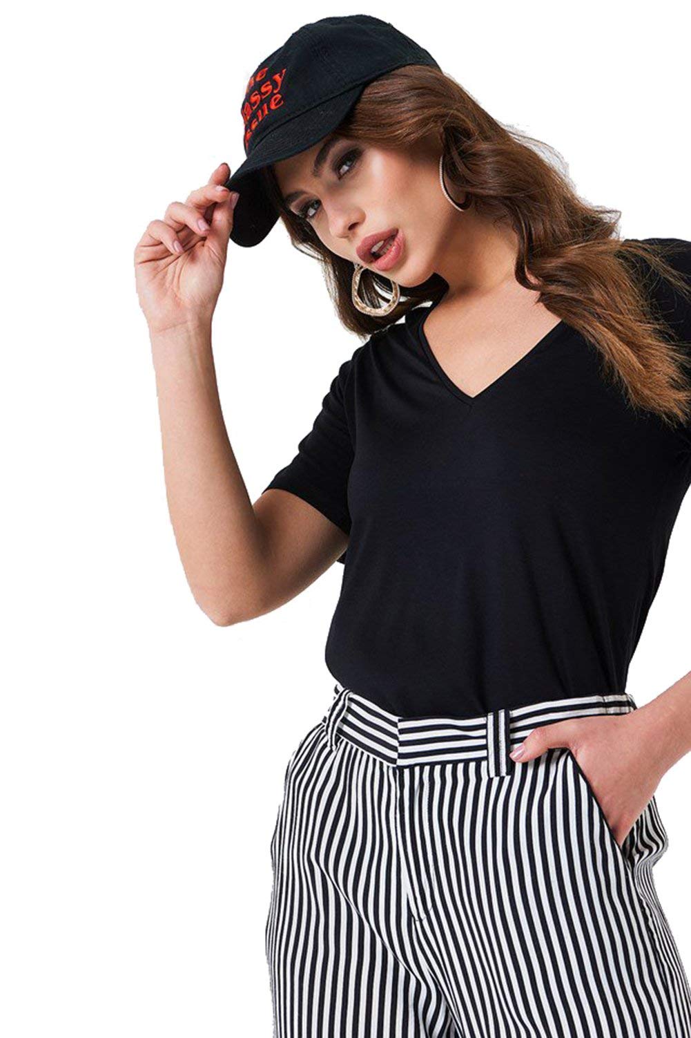 Khanomak Women's Short Sleeve Plain Casual Basic Tee Cotton V Neck Regular Fit T-Shirt Tops