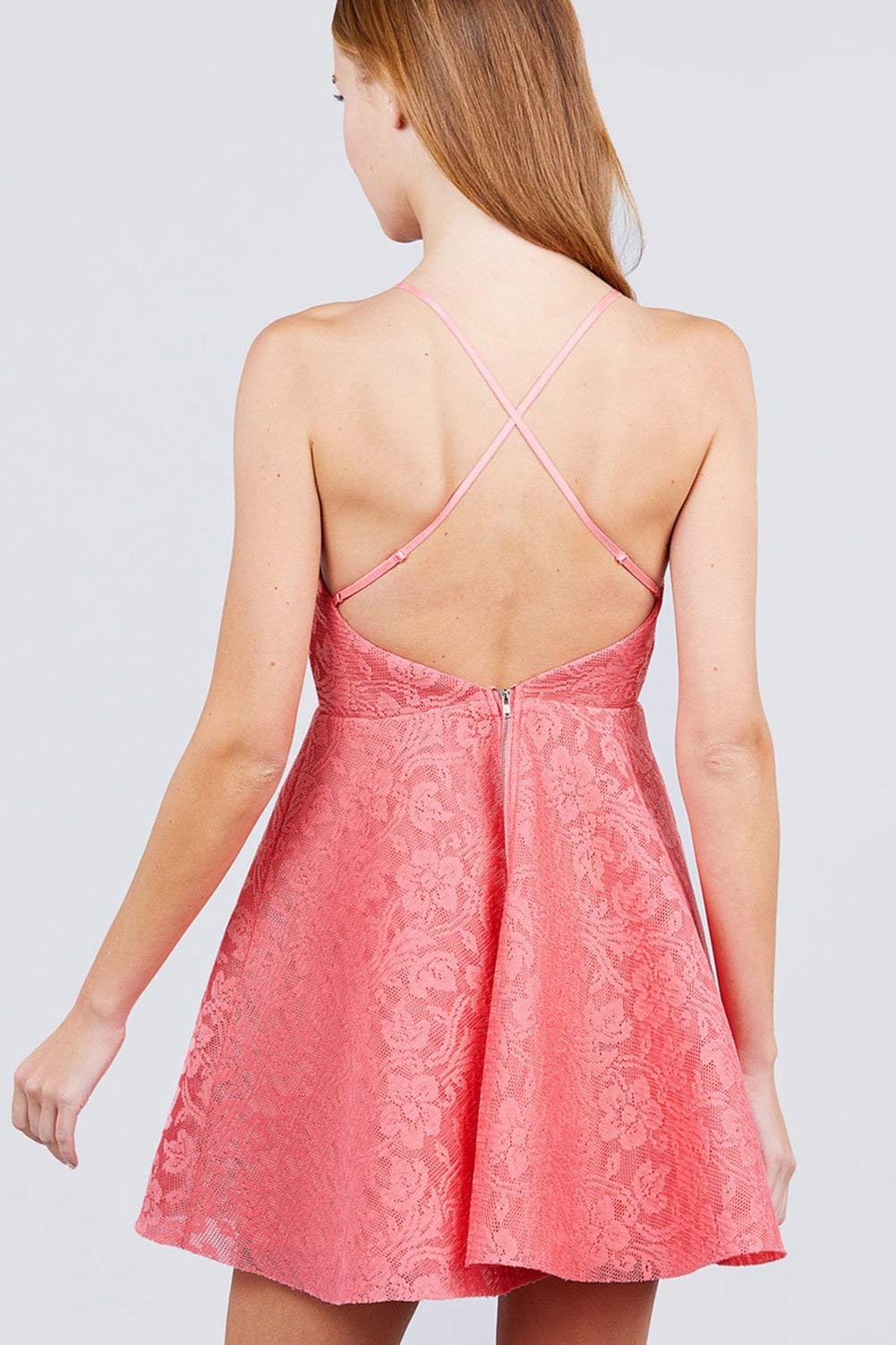 Khanomak Women's Mixed Lace Sleeveless Spaghetti Straps Backless Party Beach Fit & Flare Mini Dresses