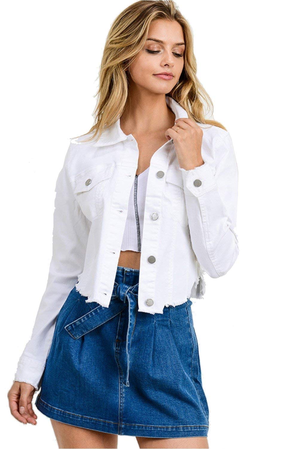 Women Raw Cut Denim Jacket Without Hood