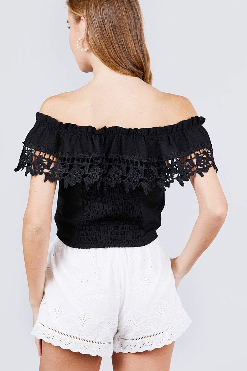 Women's Off-Shoulder Ruffle Back Smocked Detail Woven Top