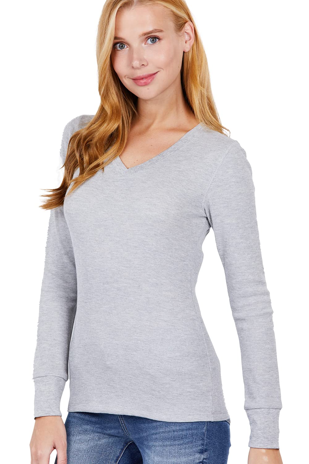 Cotton Blend Thermal V Neck Knit Top for Women Long Sleeves Khaki