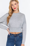 Women's Long Dolman Sleeve Crew Neck Waist Band Inner Fleece Terry Top