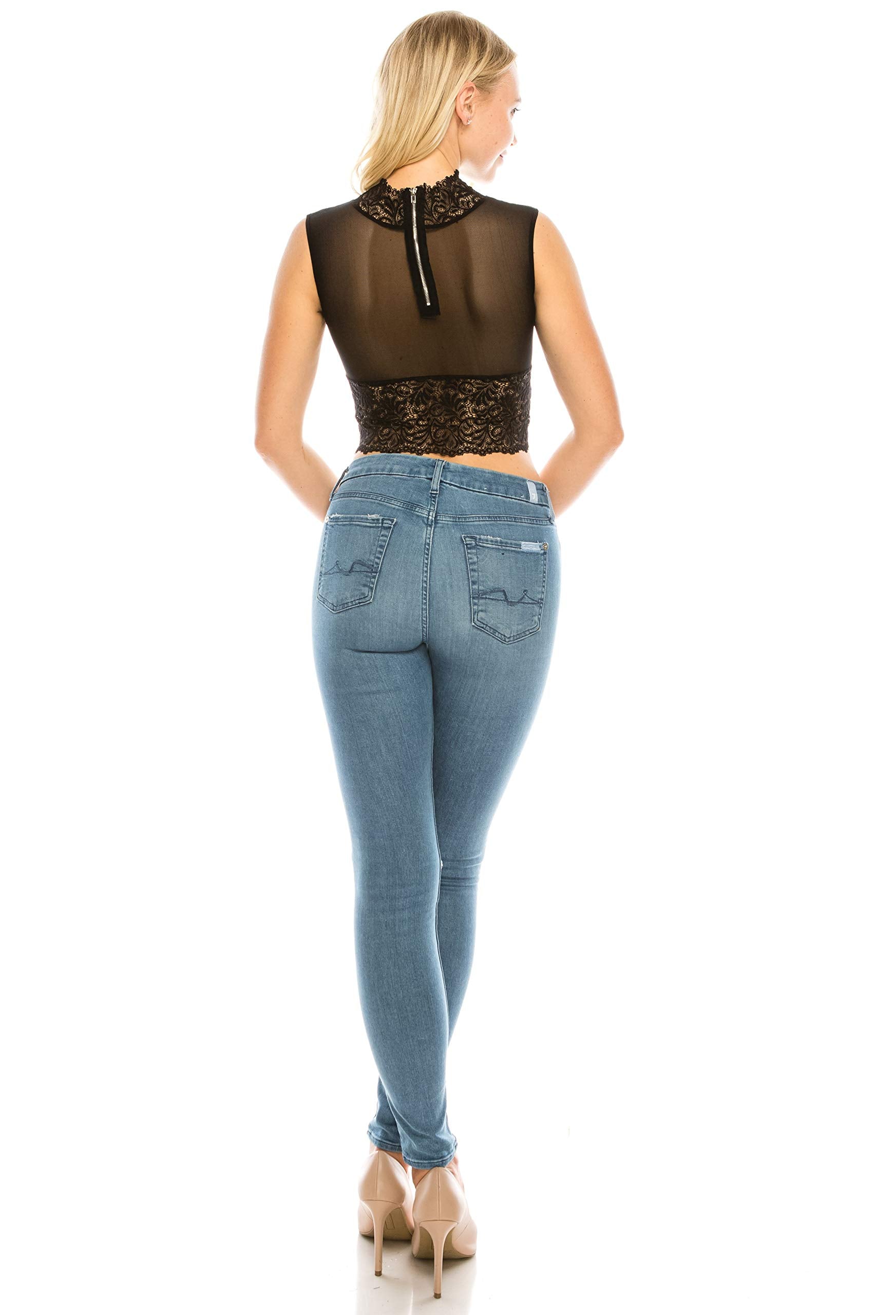 Women's Lace Mesh Design Highneck Padded Crop Top Back Zipper