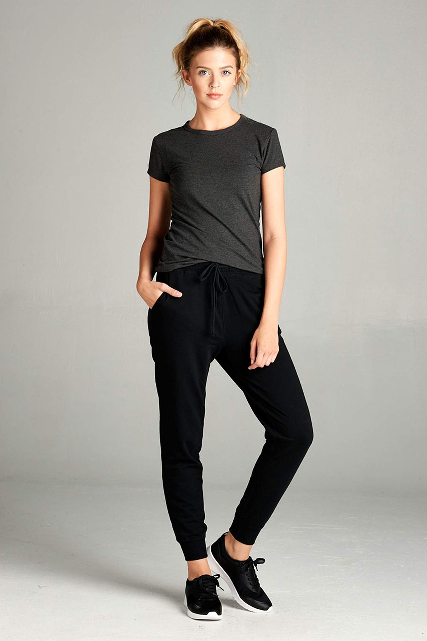Khanomak Plain Long Drawstring Waist Front Pockets French Terry Joggers1