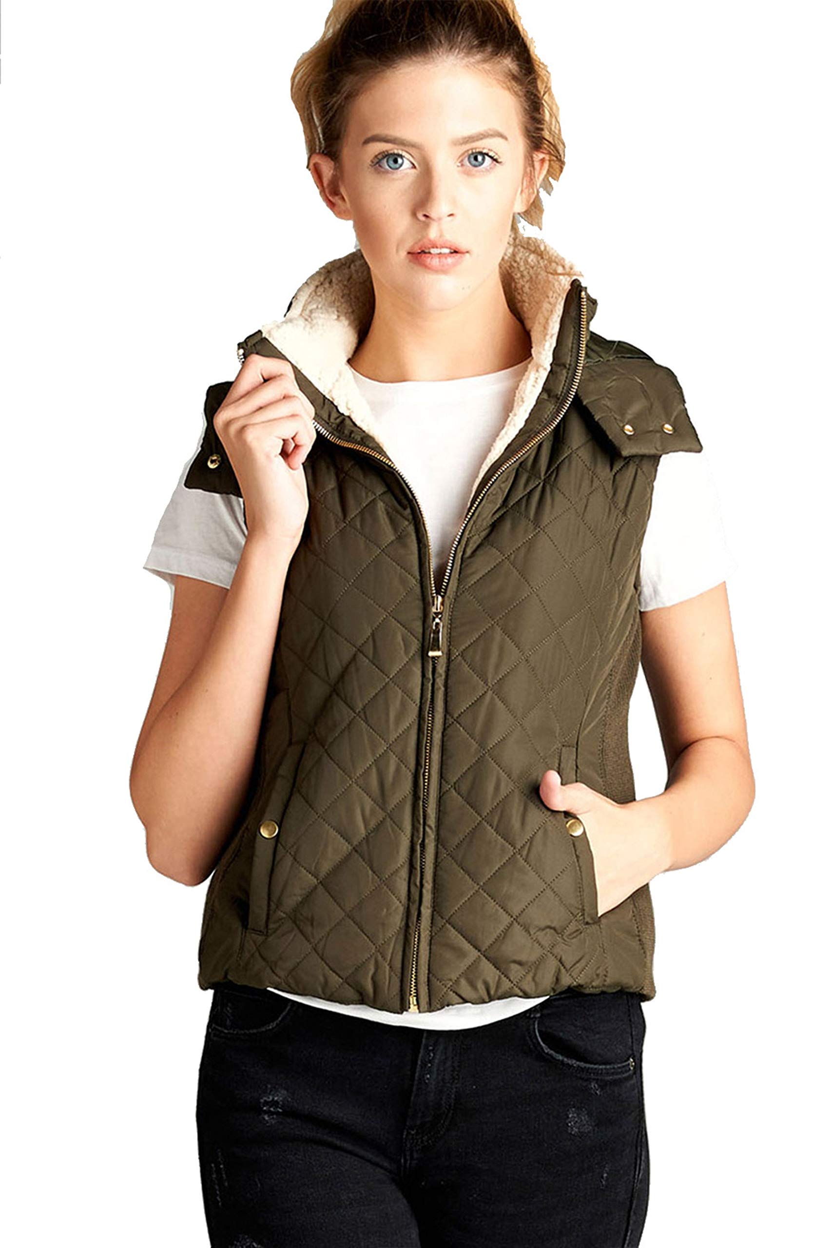 Khanomak Women's Shearling Lined Quilted Padding Hoodie Vest