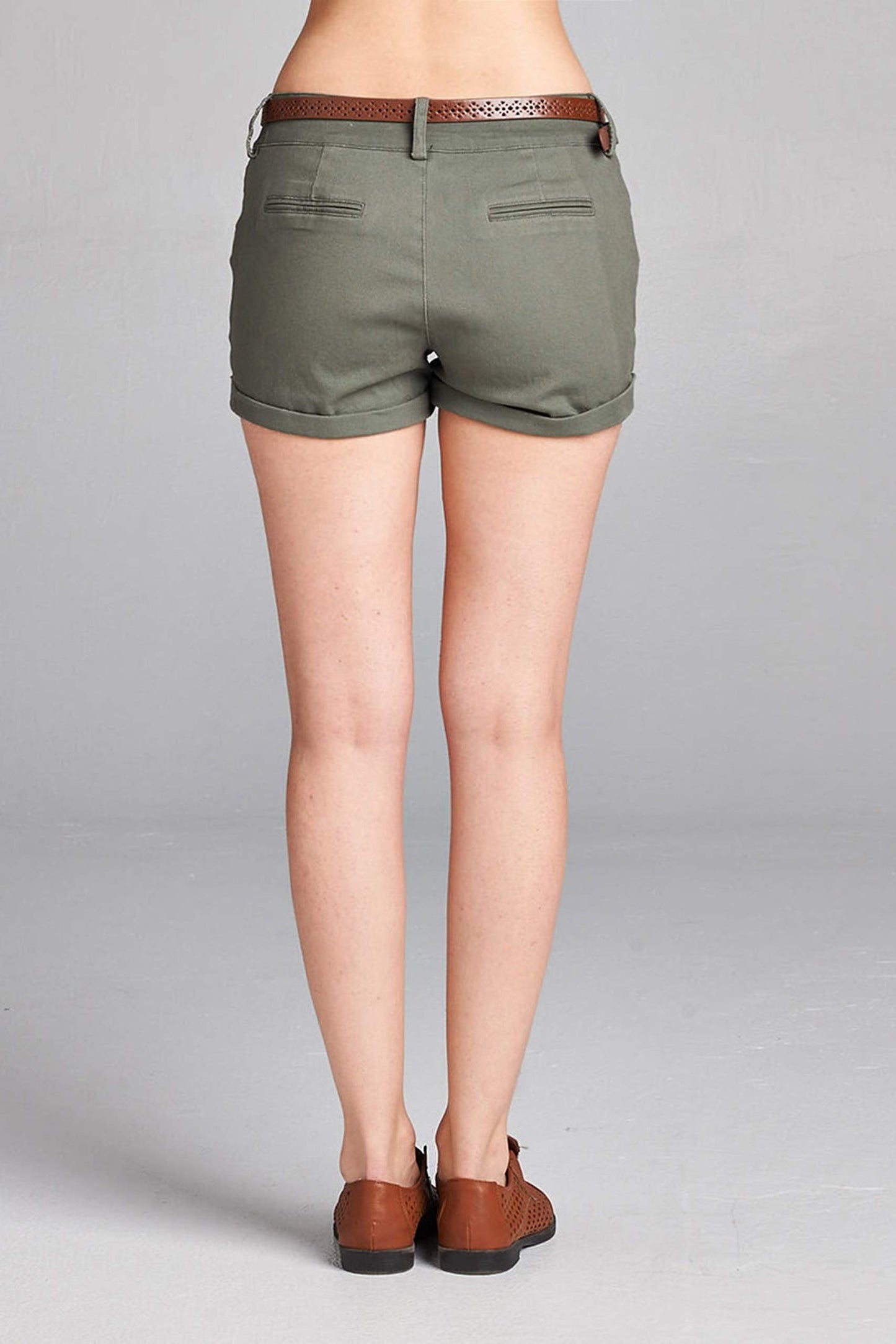 Women's Cotton Spandex Twill With Belt Cuffed Hem Shorts