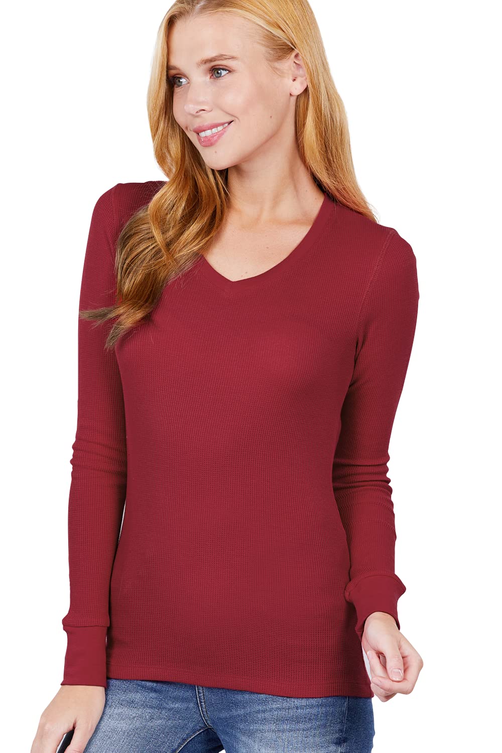 Cotton Blend Thermal V Neck Knit Top for Women Long Sleeves Khaki