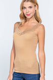 Womens- V Neck Lace Trimmed Cami Rib Knit Tank Top