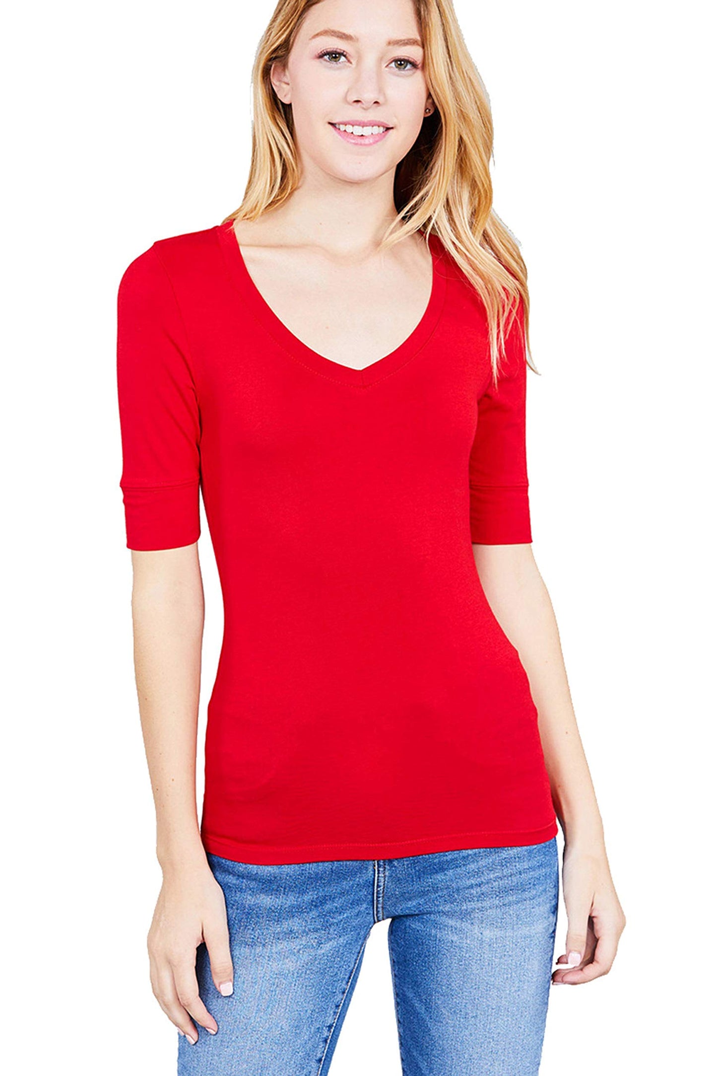 Hollywood Star Fashion Women's Plain Basic Elbow Length Sleeves V Neck Top Fitted Shirt1