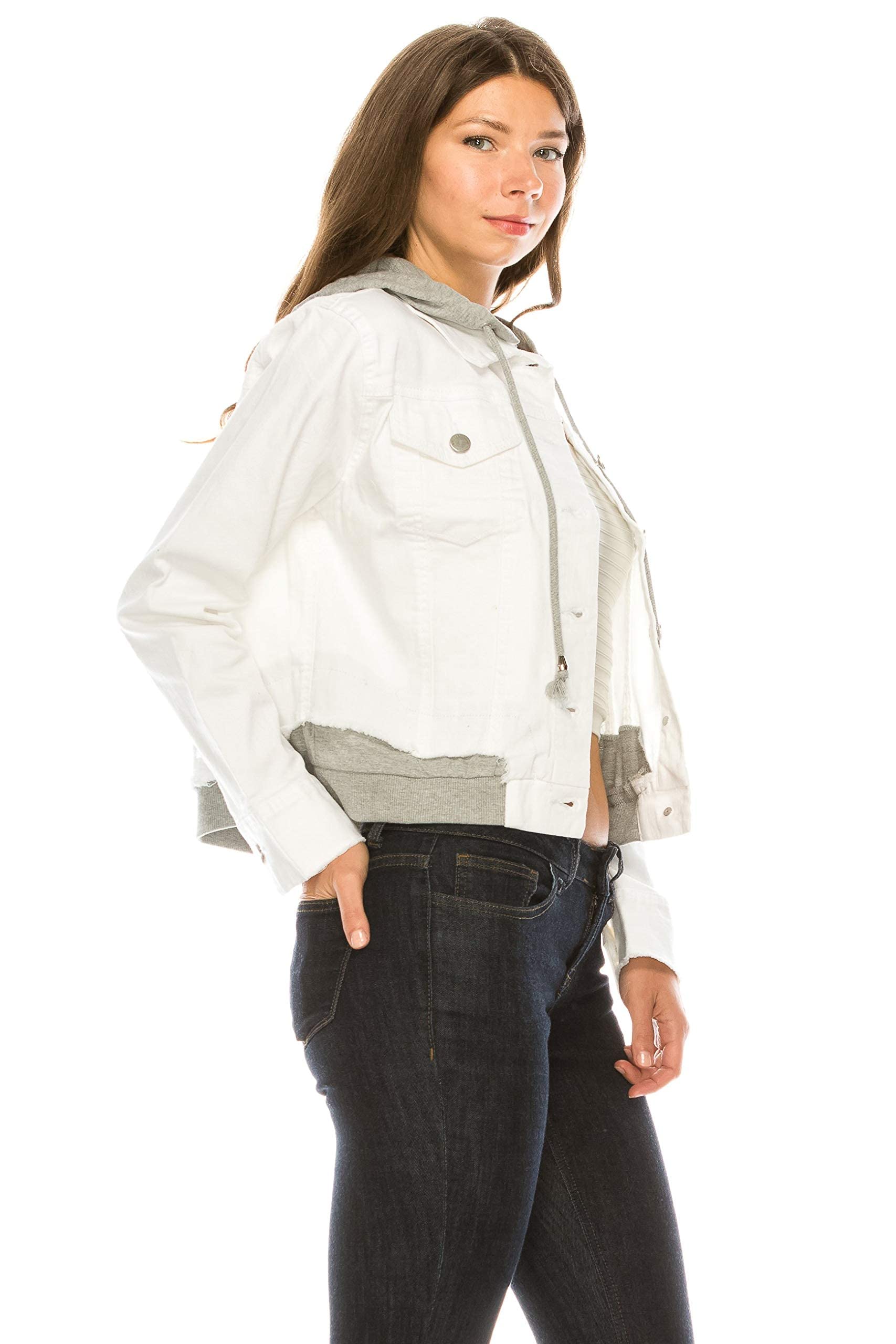 Khanomak Women's Denim Jean With Detachable Hoodie Terry Patch Jacket