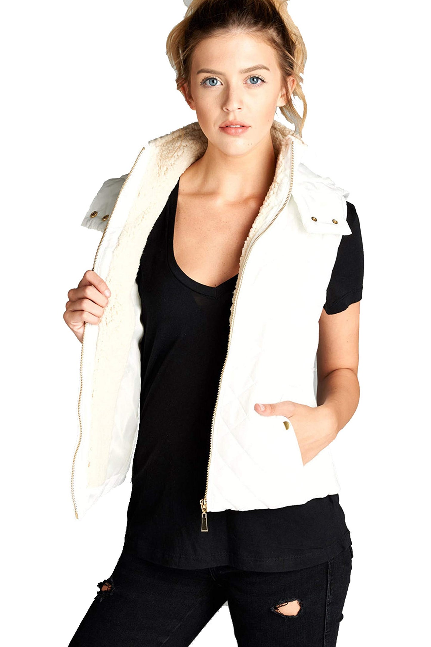 Khanomak Women's Shearling Lined Quilted Padding Hoodie Vest