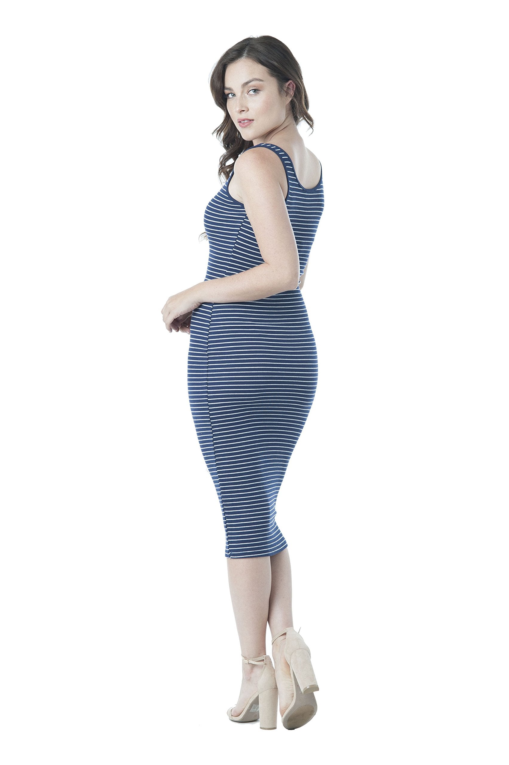 Khanomak Sleeveless Scoop Neck Stripe Midi Bodycon Dress