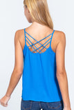 Womens- Round Neck Back Cross Strappy Woven Camisole Top