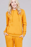 Women Casual Pullover Drawstring Kangaroo Pocket Hooded Sweatshirt Mustard