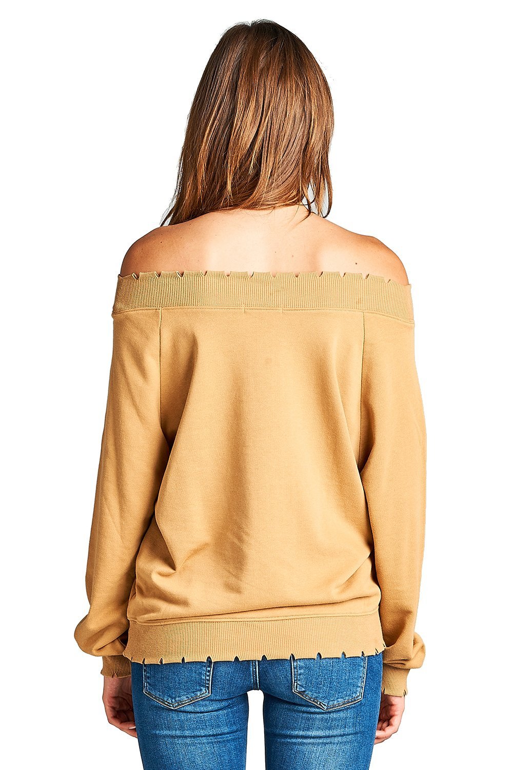 Khanomak Plain Oversized Long Sleeve Lightly Distressed Ribbed Hem Knit Pullover Sweater Top