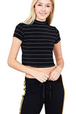 Women's Short Sleeve Stripe Mock Neck Casual Crop Top
