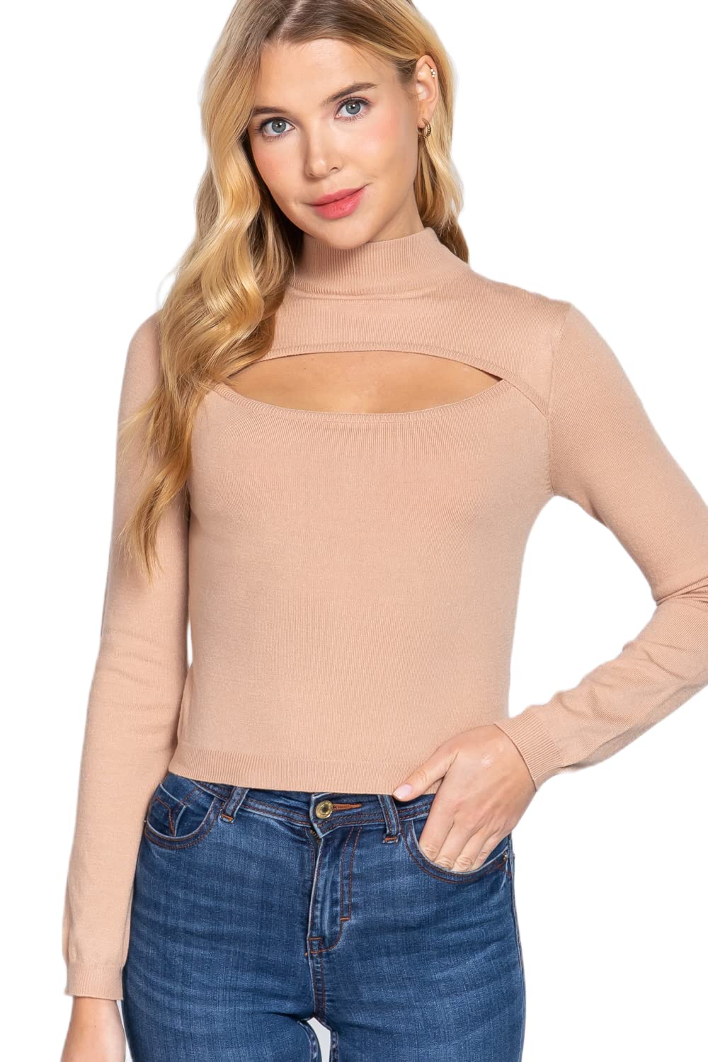 Women's Long Sleeves Mock Neck Front Cut Out Keyhole Sweater