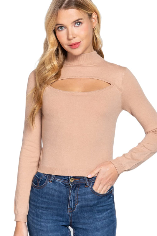 Women's Long Sleeves Mock Neck Front Cut Out Keyhole Sweater