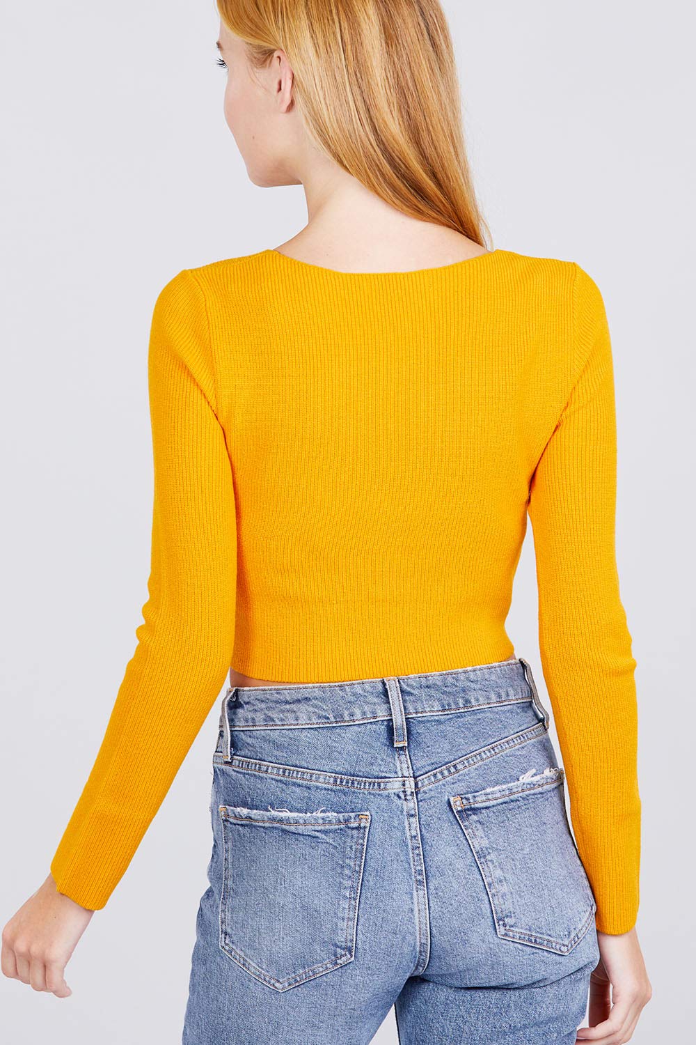 Women's Long Sleeve V Neck Front Knotted Detail Crop Sweater Top