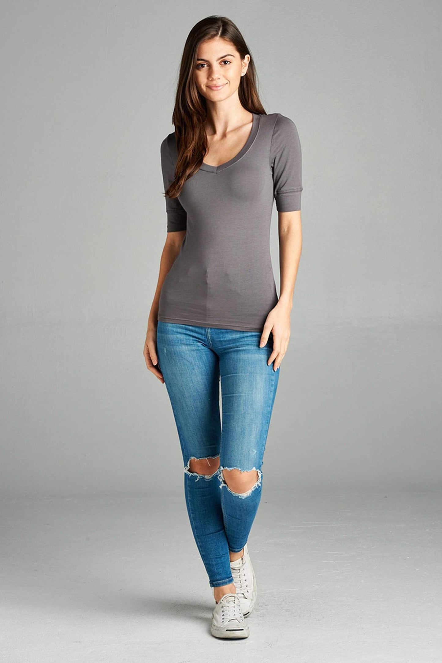 Hollywood Star Fashion Women's Plain Basic Elbow Length Sleeves V Neck Top Fitted Shirt