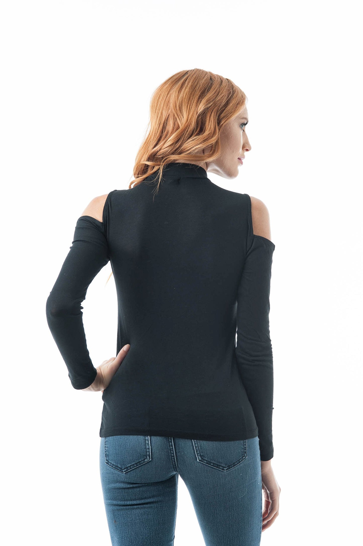 Plain Long Sleeve Open Cold Shoulder Key Hole Mock Neck Top