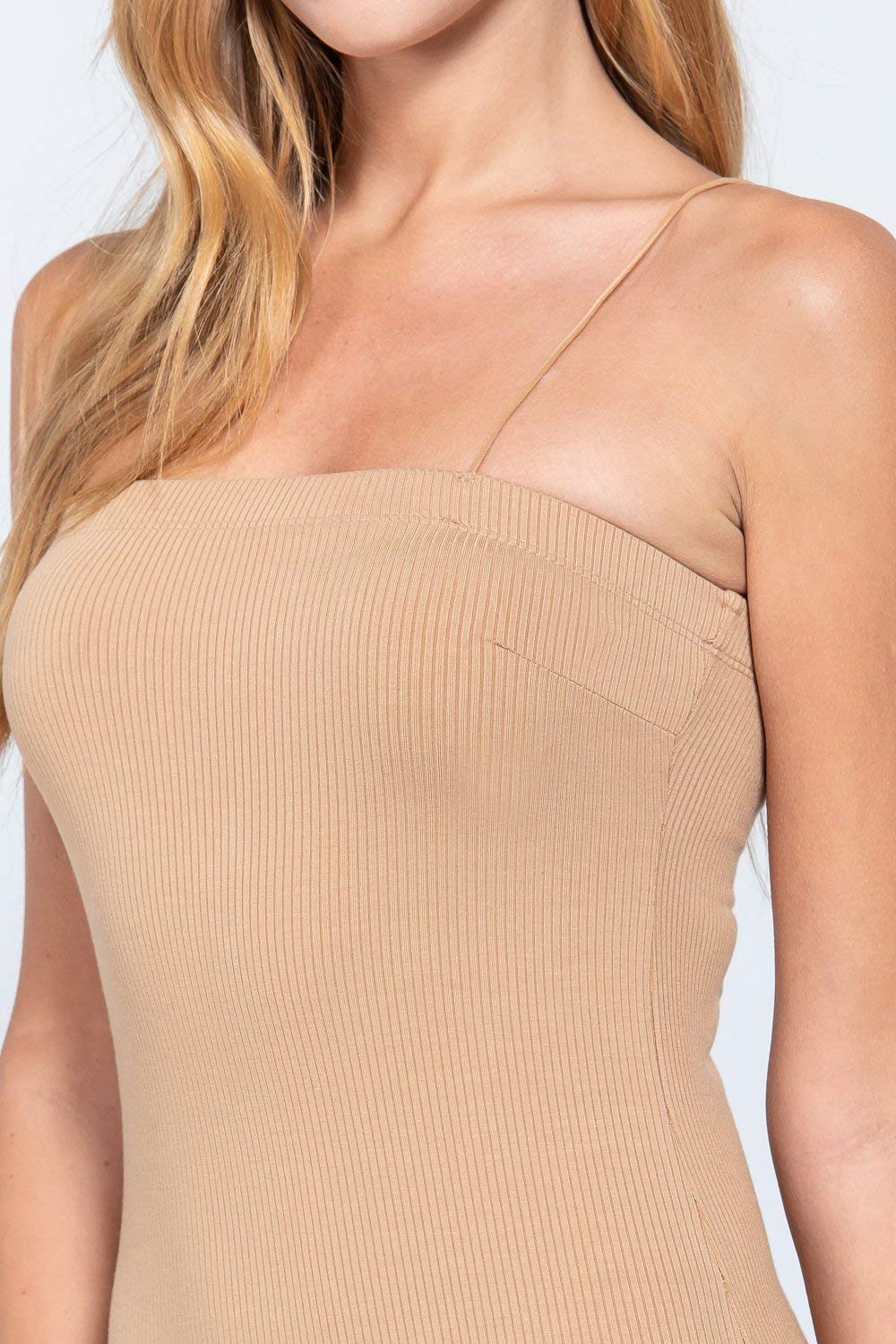 Khanomak Women's Straight Neck Cami Elastic Strings Heavy Rib Mini Bodycon Dress
