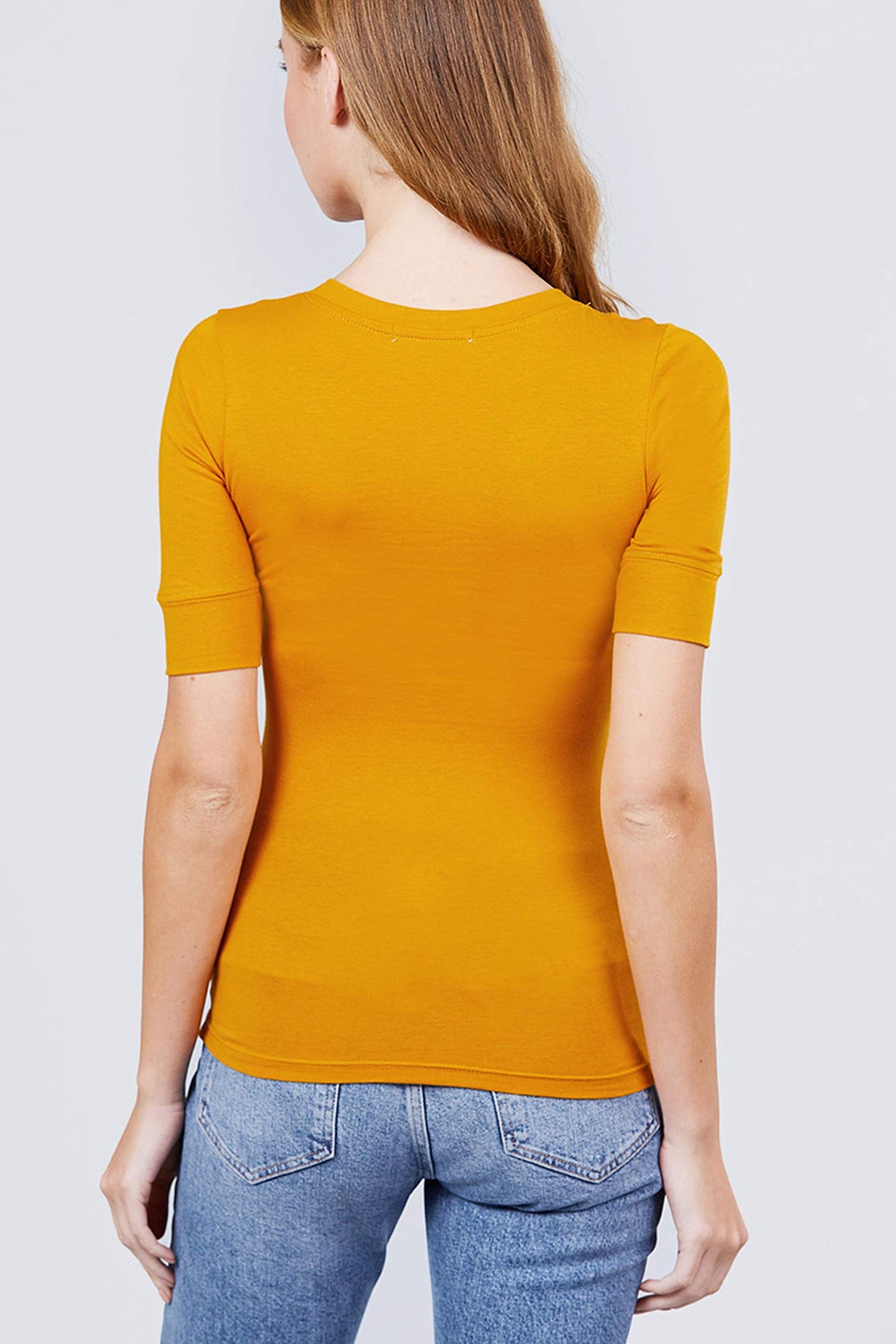 Hollywood Star Fashion Women's Plain Basic Elbow Length Sleeves V Neck Top Fitted Shirt1