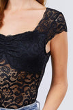 Women's Lace Short Sleeve Shoulder Strap Front Shirring Leotard Black Bodysuit - Small