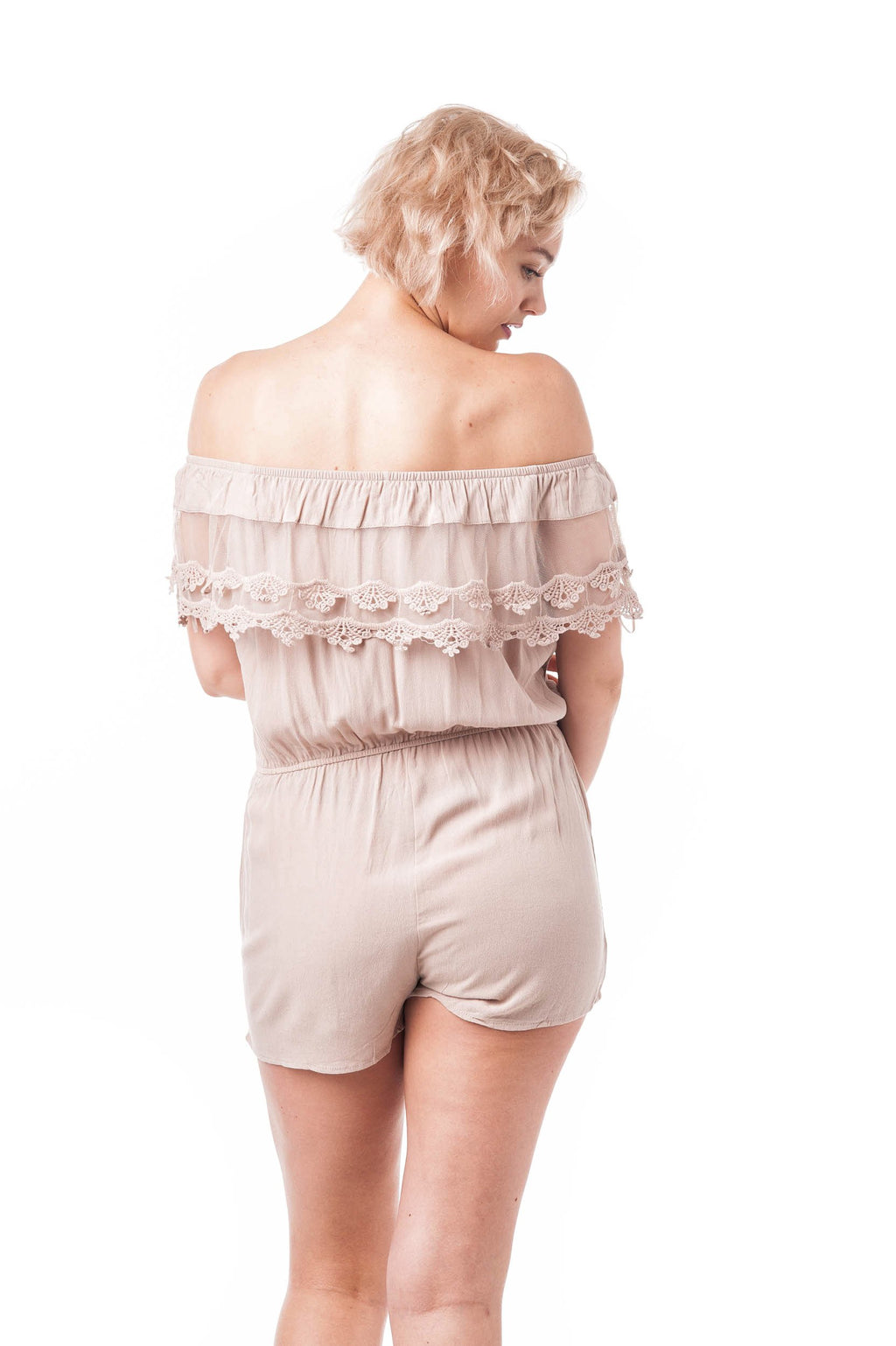 Lace Ruffle Off Shoulder Solid Coverall Romper