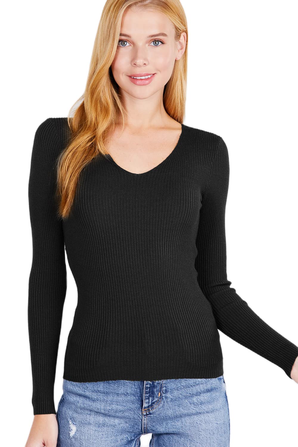 Women's Long Sleeve V-Neck Fitted Viscose Ribbed Sweater