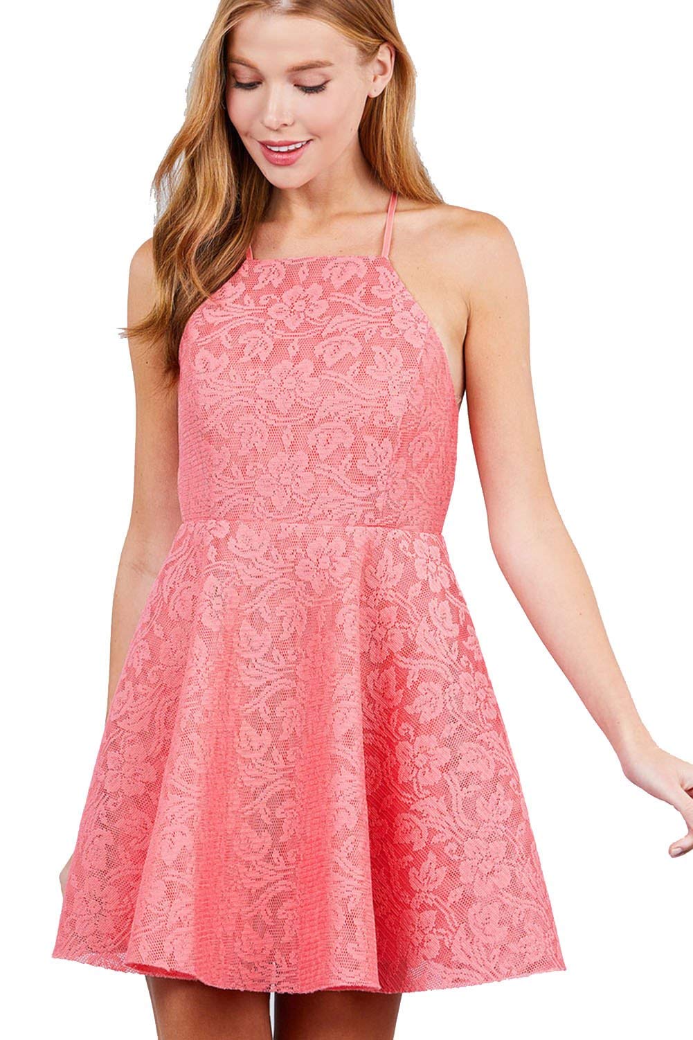 Khanomak Women's Mixed Lace Sleeveless Spaghetti Straps Backless Party Beach Fit & Flare Mini Dresses