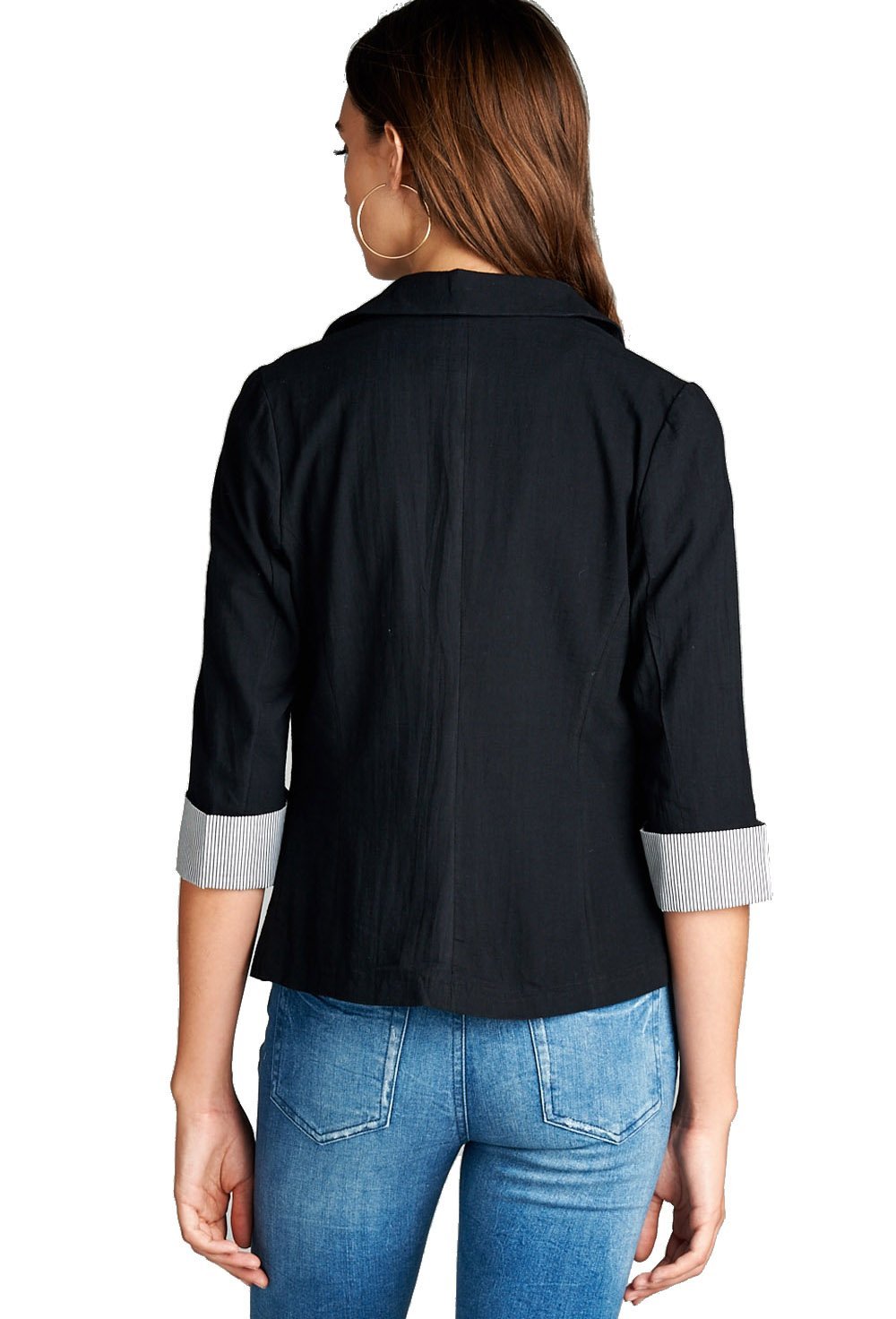 Khanomak Plain Cotton 3/4 Sleeve One Button Striped Cuffed Sleeves Blazer Jacket