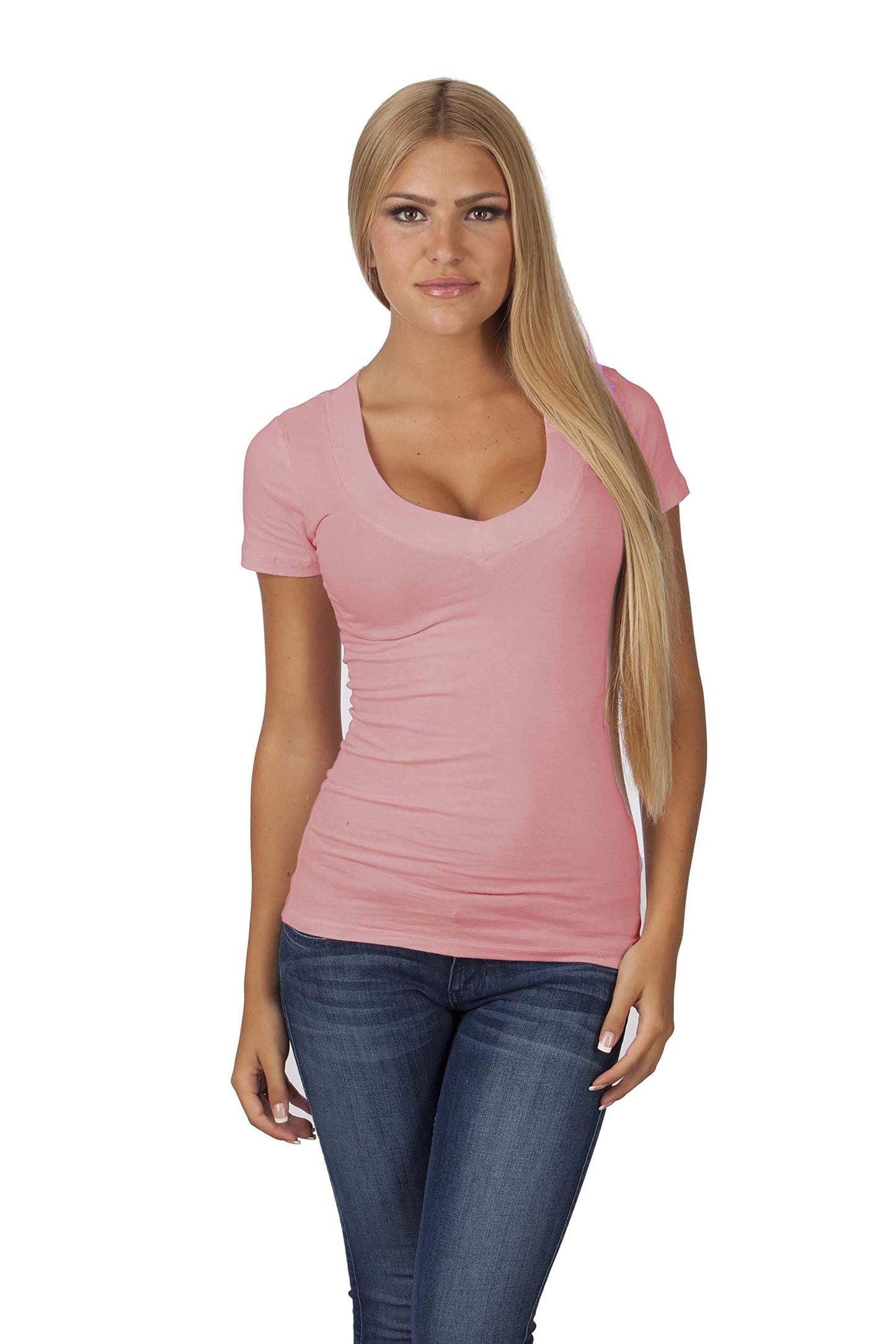 Women's Casual Basic Deep V-Neck Short Sleeve T-Shirt (Regular and Plus Size)