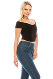 Women's Casual Cross Off Shoulder Deep V Neck Ribbed Knit Slim Wrap Short Sleeves Cross Over Crop Top