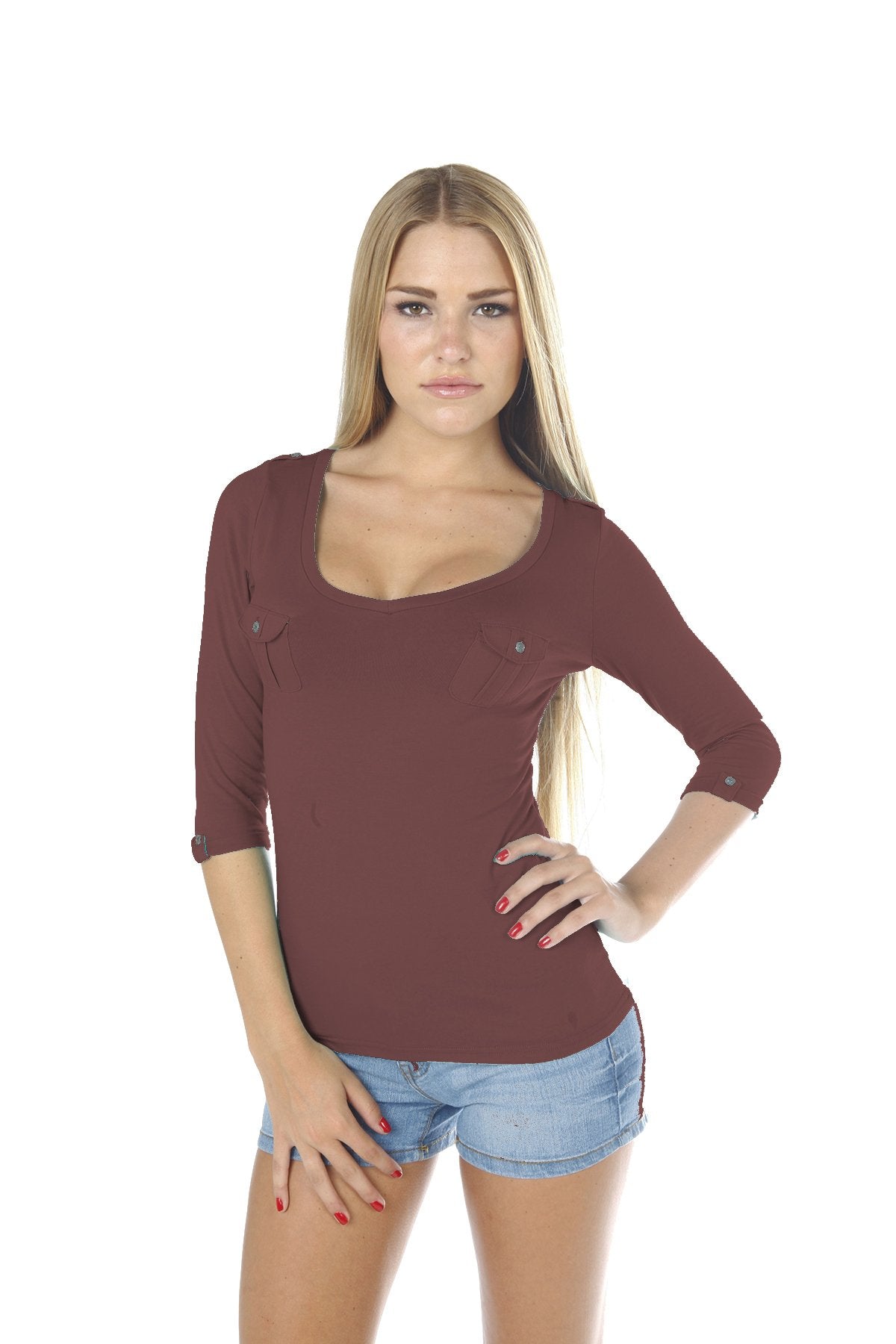 Hollywood Star Fashion Women's 3/4 Sleeves Cotton Top with 2 Pockets in Front