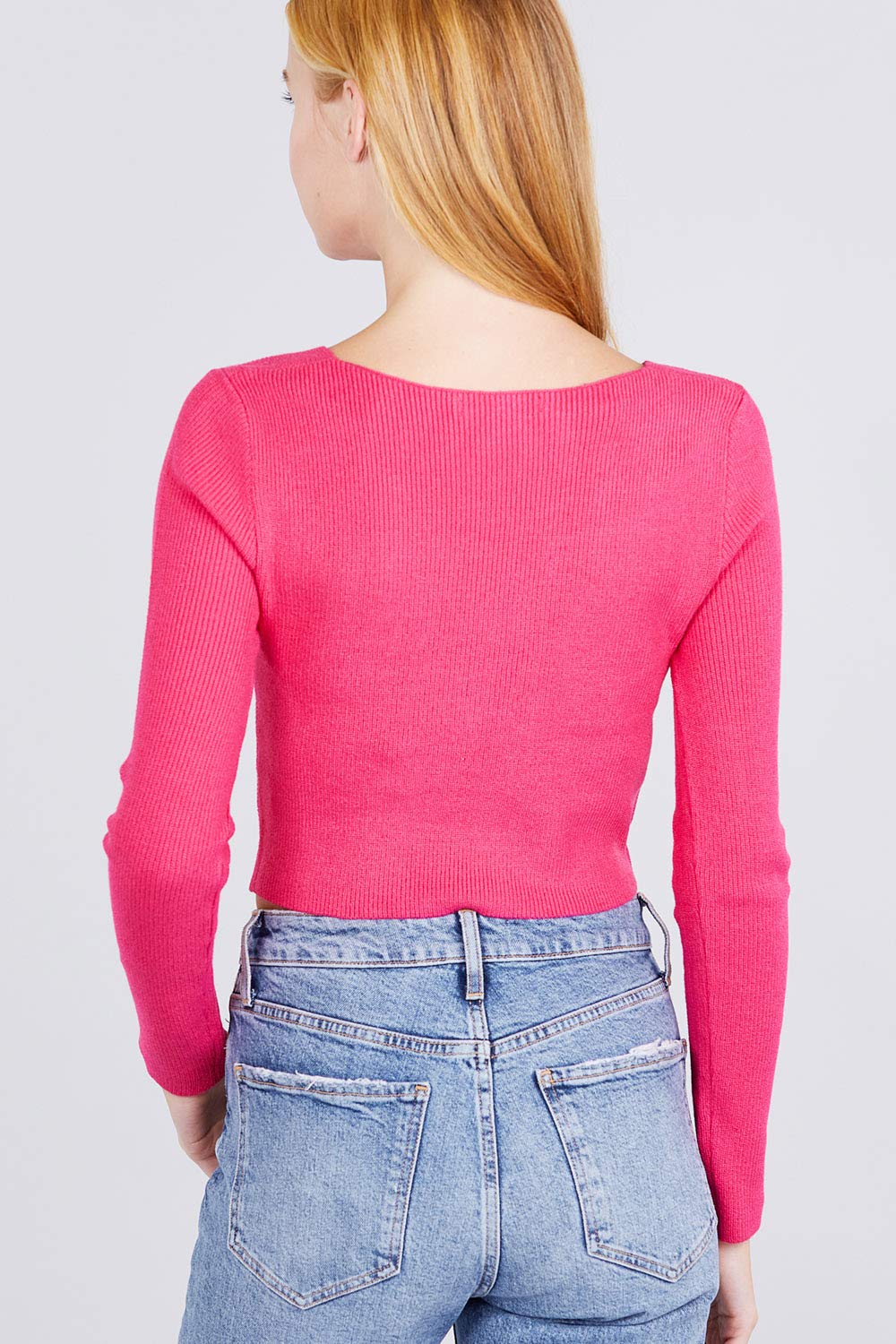 Women's Long Sleeve V Neck Front Knotted Detail Crop Sweater Top