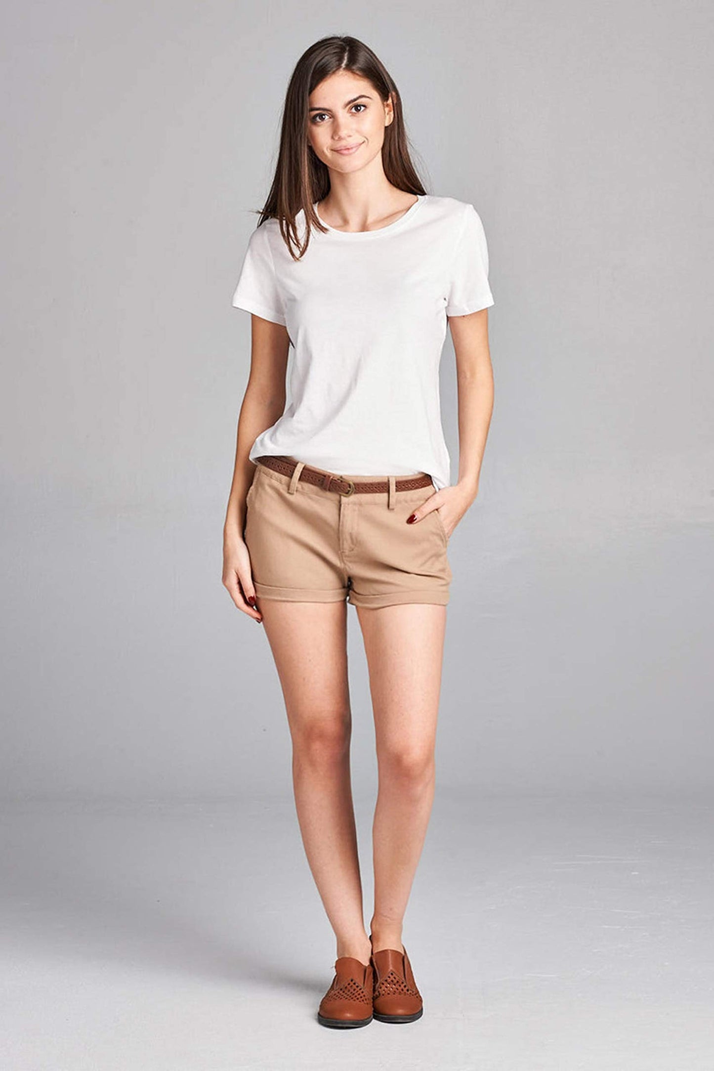 Women's Cotton Spandex Twill With Belt Cuffed Hem Shorts