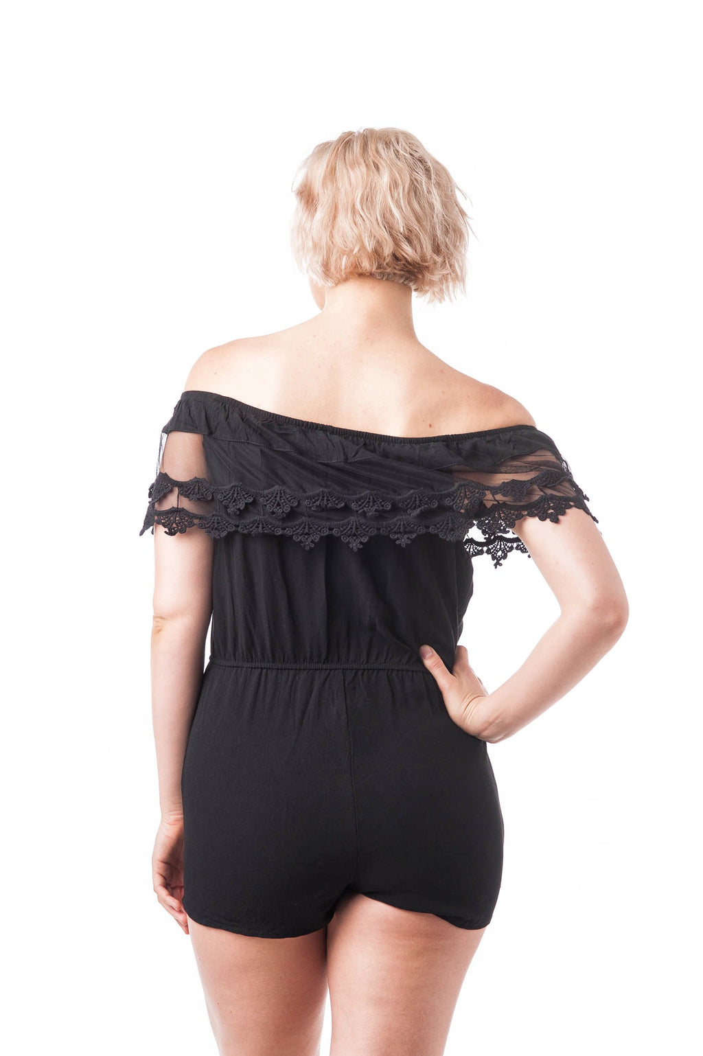 Lace Ruffle Off Shoulder Solid Coverall Romper