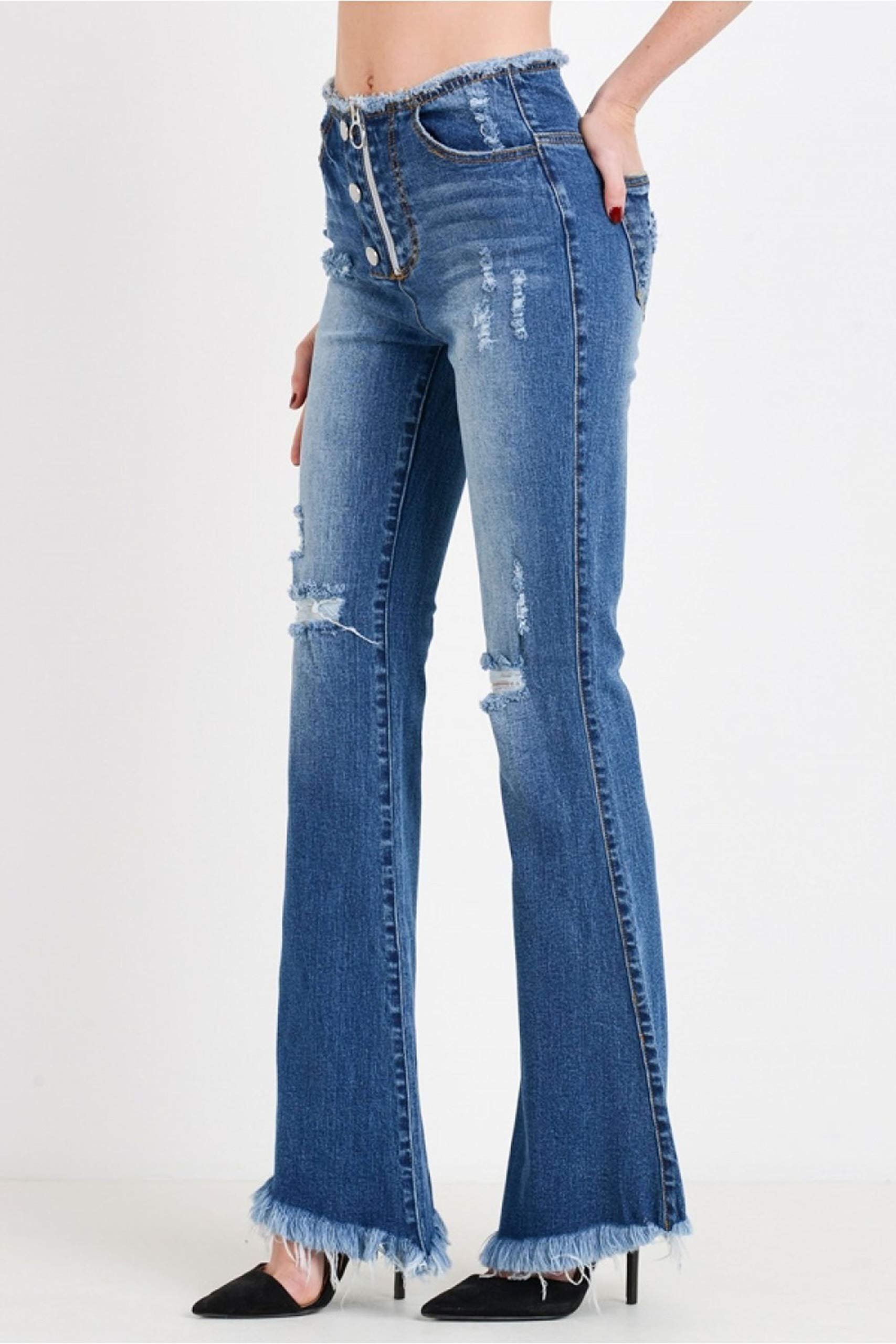Khanomak Women's High Rise Stretch Zip Button Front Frayed Hem Flare Denim Jeans