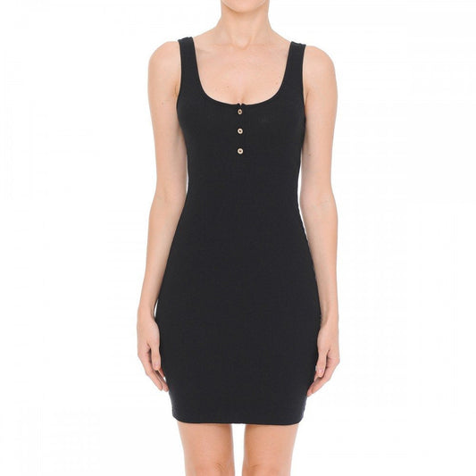 Womens-Women's Ribbed Sleeveless Knitted Button Scoop Neck Knit Body Con Midi Dress