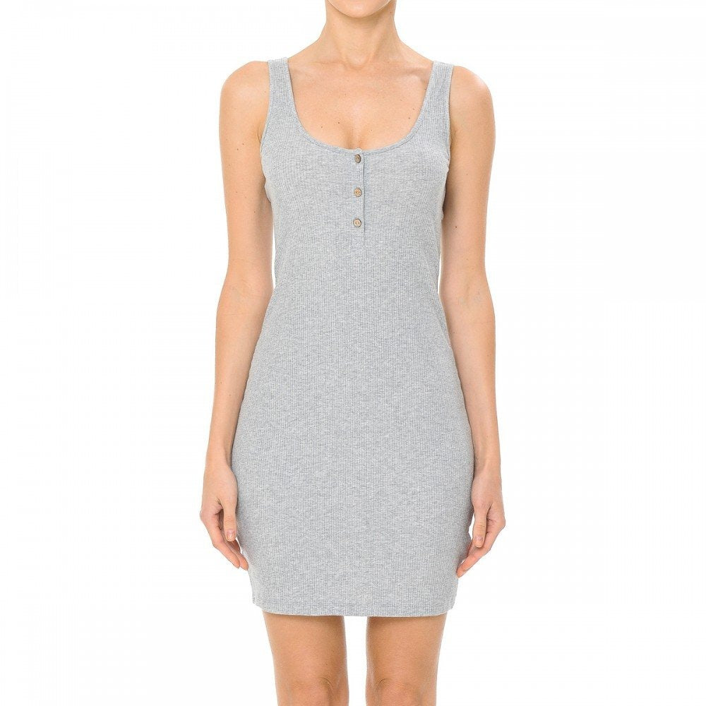 Womens-Women's Ribbed Sleeveless Knitted Button Scoop Neck Knit Body Con Midi Dress