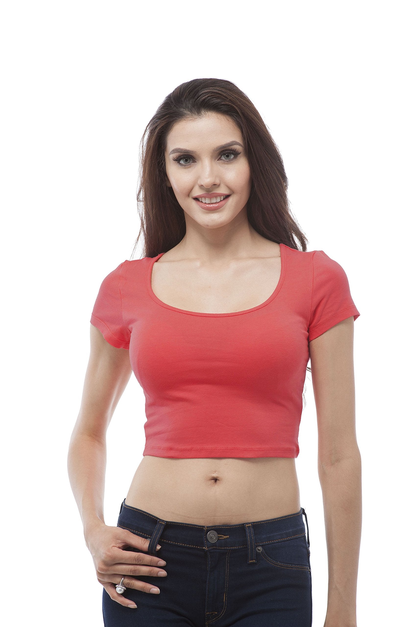 Hollywood Star Fashion Plain Short Sleeve Cotton Scoop Neck Crop Top