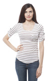 elbow sleeve with button on the side striped top with front pocket