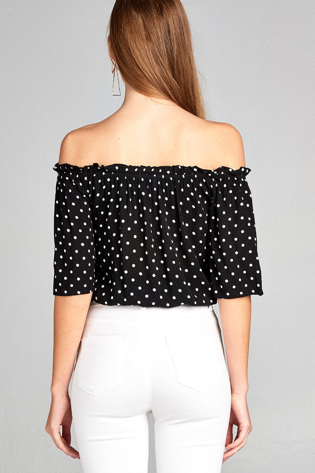 Khanomak Women's 3/4 Sleeve Off The Shoulder Loose Ruffled Polka-Dotted Blouse
