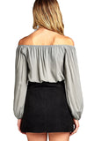 Elasticized Off-The-Shoulder Self Tie Neckline Long Sleeve Crop Top